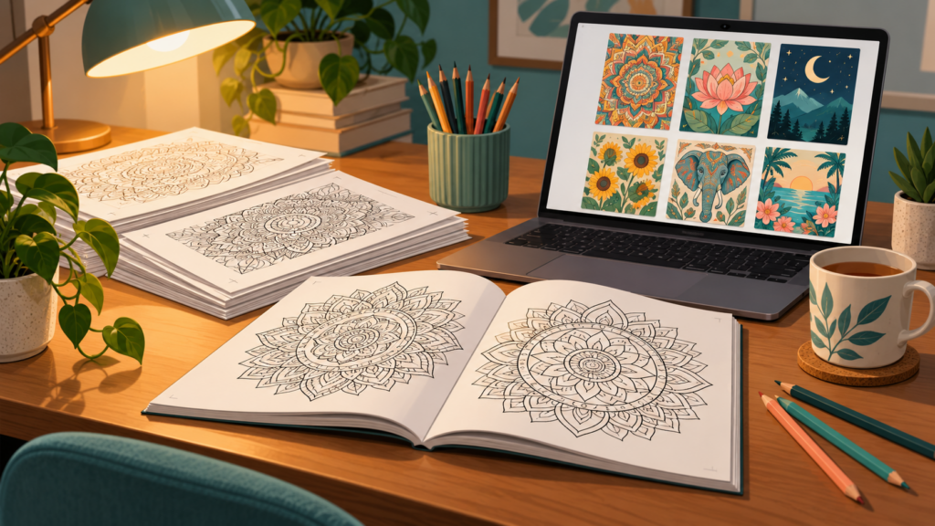 Open coloring book showing black and white mandala line art beside a laptop with book cover thumbnails.
