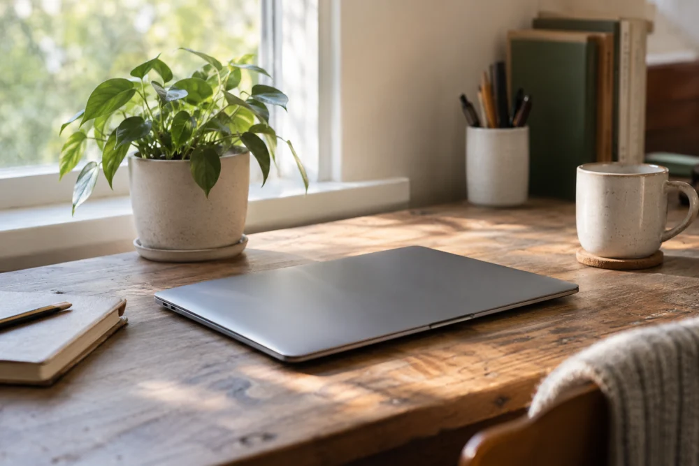A closed laptop and a small plant on a quiet wooden desk.