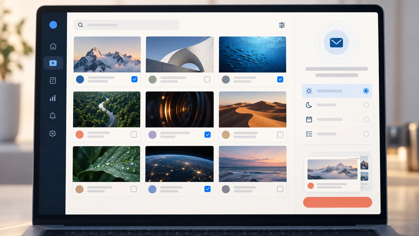 A channel selection dashboard with selected video sources and digest preferences.