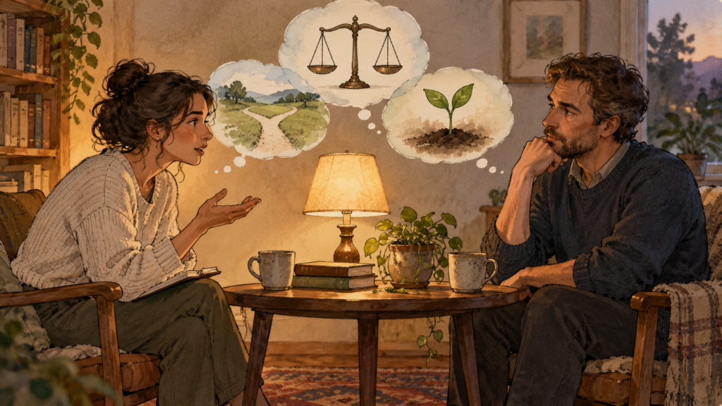 Two people in a questioning conversation, with thought bubbles showing a scale, a branching path, and a sprouting seed between them.